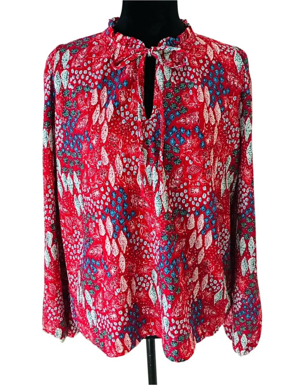 Ann Taylor LOFT Sz MEDIUM Red Garden Print Floral Tie-Neck Long-Sleeve Blouse - Picture 2 of 8